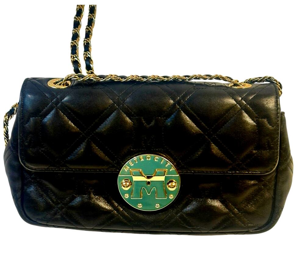 MetroCity Black Quilted Leather Crossbody Bag Gold Chain Strap Italy